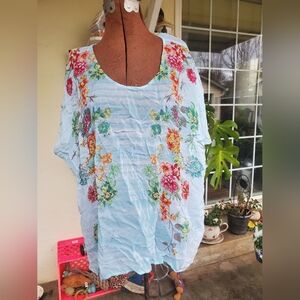 Johnny Was Floral Embroidered Top - Light Blue